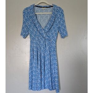 Boden Dress Womens 6R Blue White Polka Dots Midi Fixed Wrap V Neck Pockets